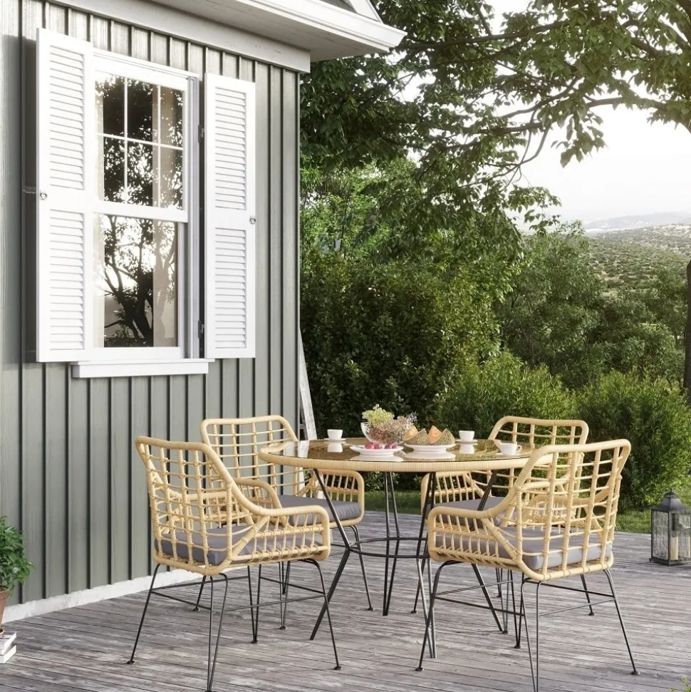 Skutskär Utebord Ø120 cm - Glas/rotting + Textilskydd för utemöbler