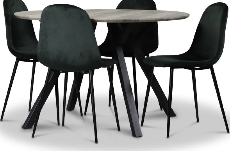 Smokey matgrupp, runt matbord med 4 st Carisma sammetsstolar - Mörkgrön + 3.00 x Möbeltassar