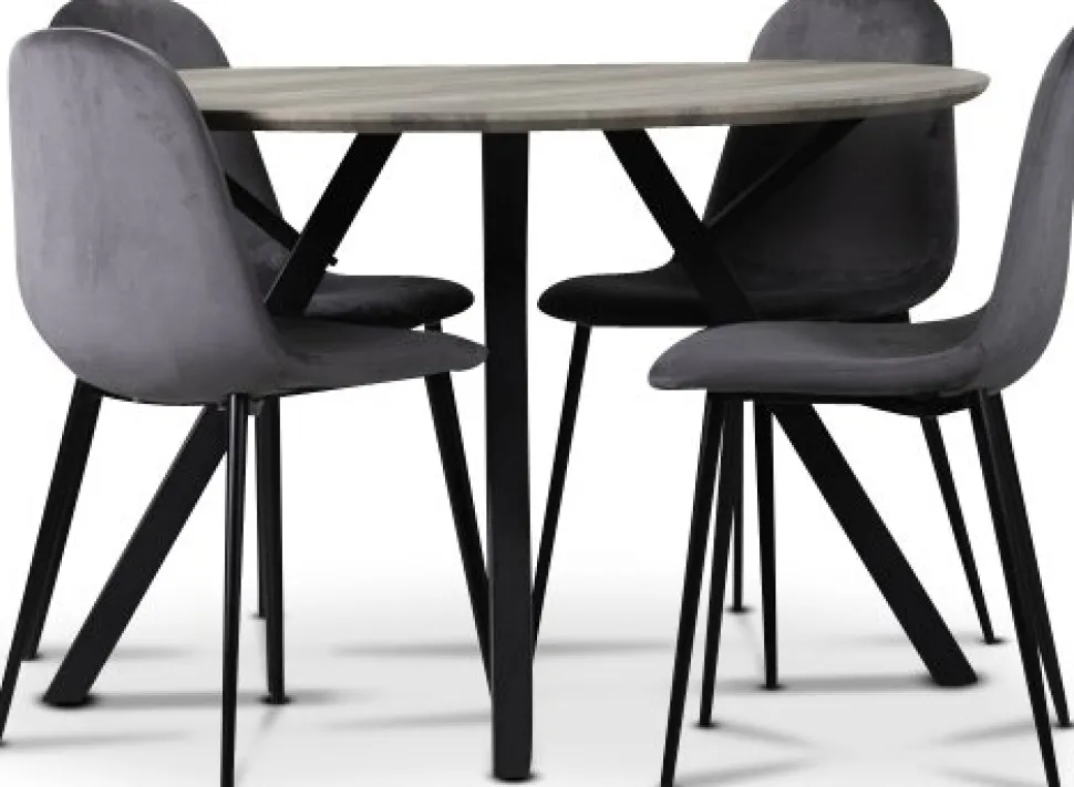 Smokey matgrupp, runt matbord med 4 st Carisma sammetsstolar - Grå + 4.00 x Stolsdyna