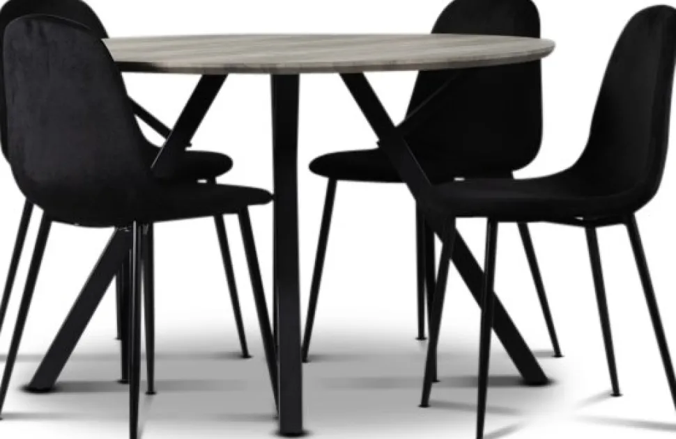 Smokey matgrupp, runt matbord med 4 st Carisma sammetsstolar - Svart + 4.00 x Stolsdyna
