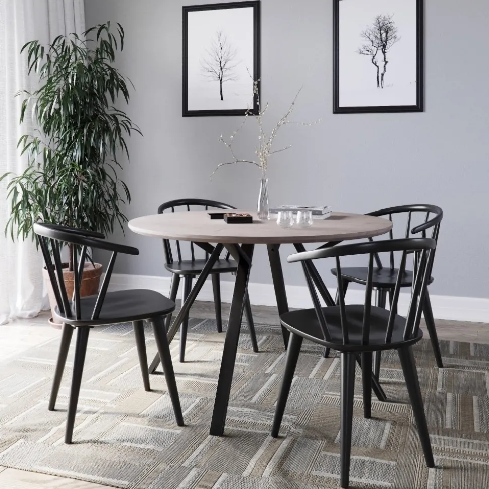 Smokey matgrupp, runt matbord med 4 st Dalsland karmstol - Gråbetsad ek/svart + 3.00 x Möbeltassar