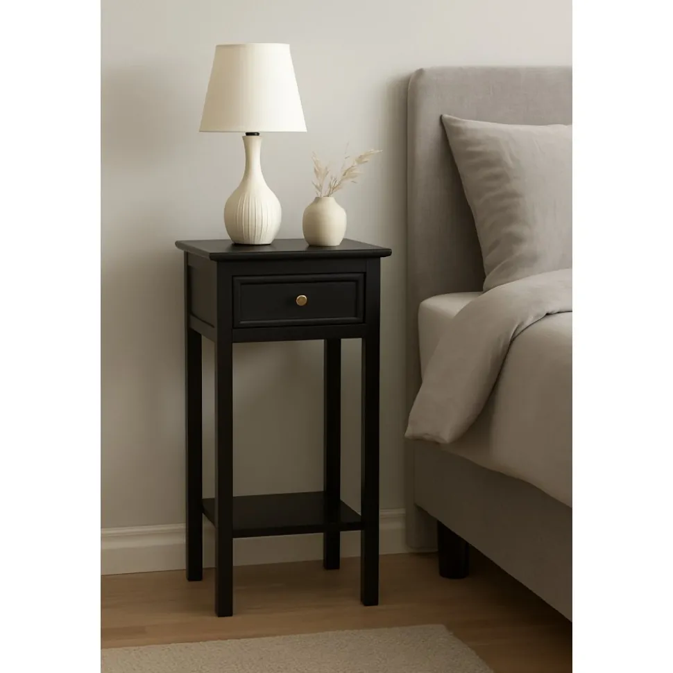 Sängbord 75 cm högt antiksvart - Holmby + Textilrengöring för möbler