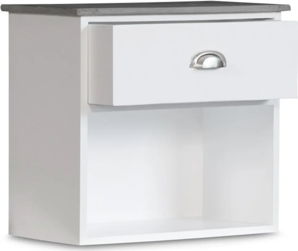 Sängbord Hugo vägghängt med 1 låda - Vit/Cement + Textilrengöring för möbler