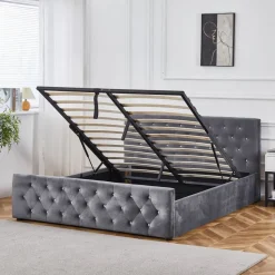 Sängram med förvaring 160 x 200 cm - Grå sammet - Dubai