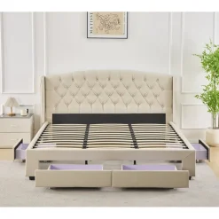 Sängram med förvaring inklusive sänggavel 160 x 200 cm - Beige