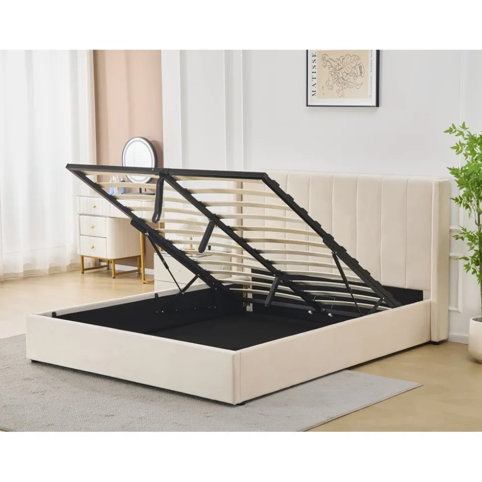 Sängram med sänggavel och förvaring 180 x 200 cm - Beige - Bianca