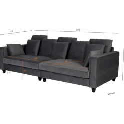 Soffa 270 cm bred och 114 cm djup - grå sammet + Textilrengöring för möbler