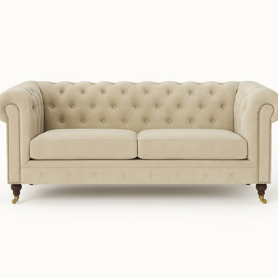 Soffa Chesterfield Cambridge Deluxe 225 cm - Ljus gråbeige sammet