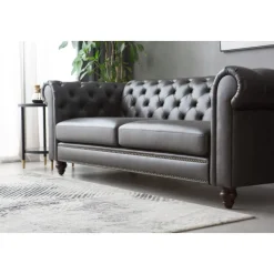 Soffa chesterfield 3-sits 219 cm svart konstläder + Fläckborttagare för möbler
