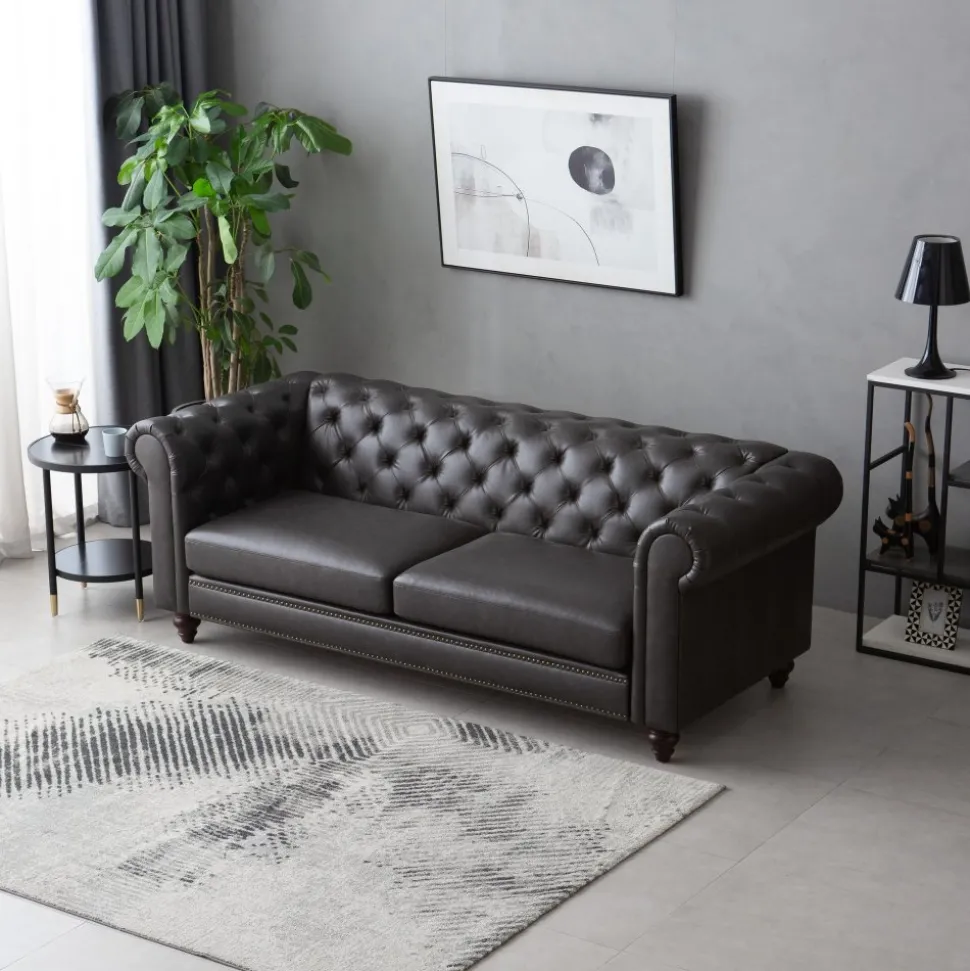 Soffa chesterfield 3-sits 219 cm svart konstläder + Textilrengöring för möbler