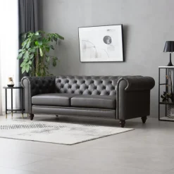 Soffa chesterfield 3-sits 219 cm svart konstläder