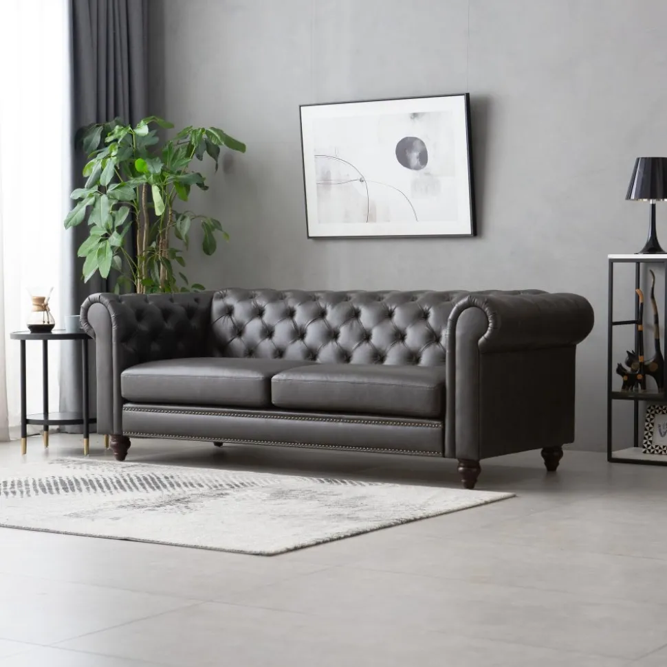 Soffa chesterfield 3-sits 219 cm svart konstläder