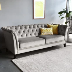 Soffa chesterfield 3-sits grå - Henry + Fläckborttagare för möbler