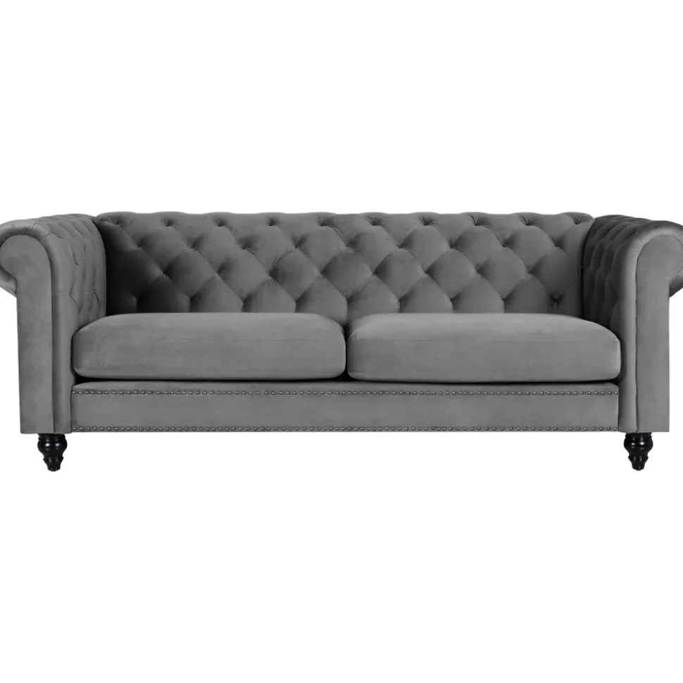 Soffa chesterfield 3-sits grå 219 cm lång + Textilrengöring för möbler