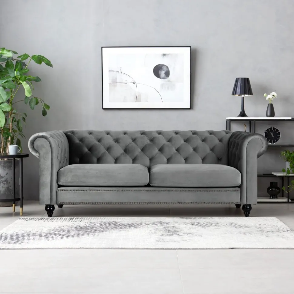 Soffa chesterfield 3-sits grå 219 cm lång + Fläckborttagare för möbler