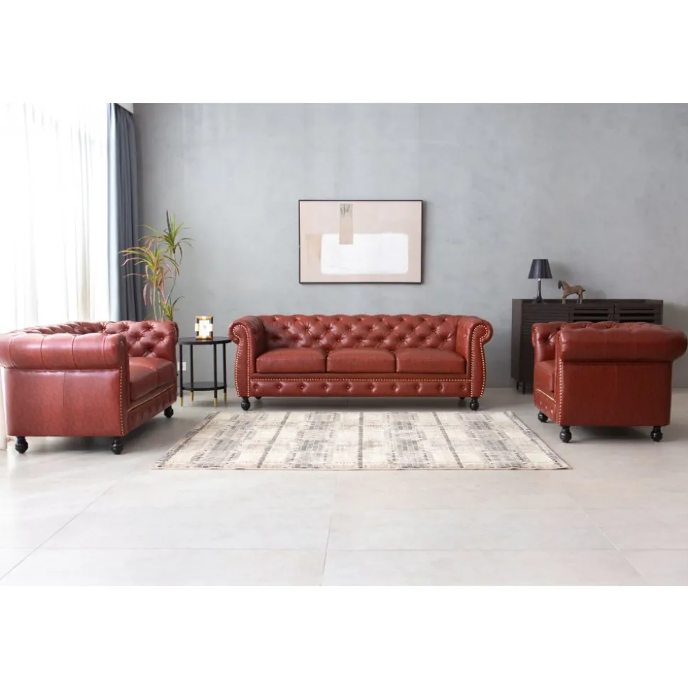 Soffa chesterfield 3-sits i brun PU - Charles