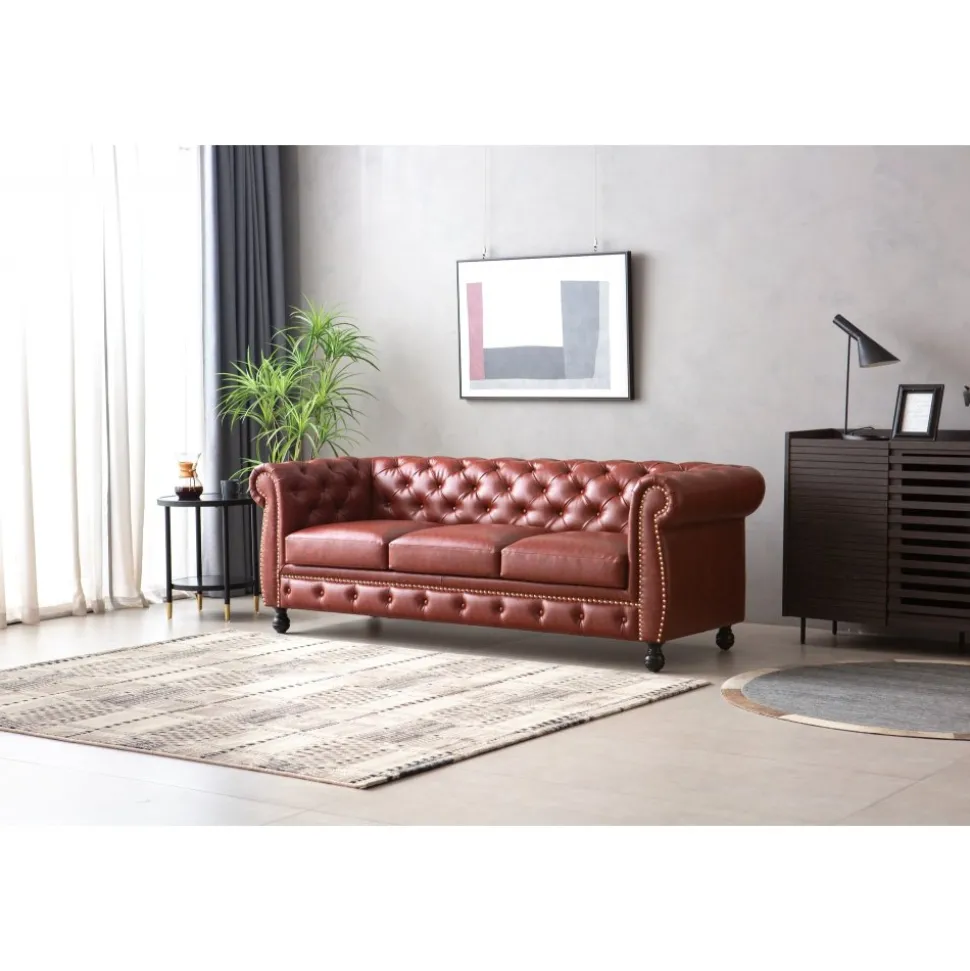 Soffa chesterfield 3-sits i brun PU - Charles