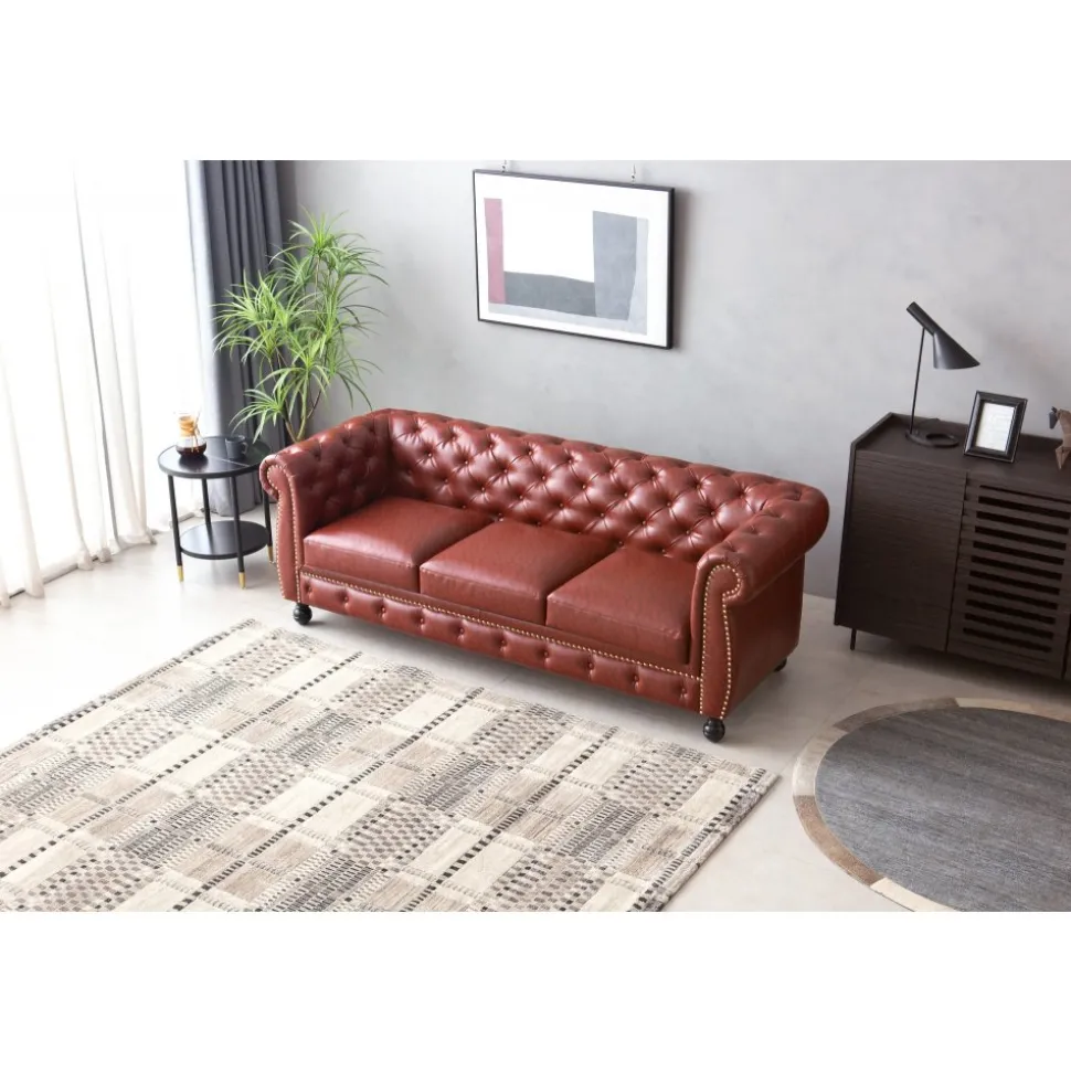 Soffa chesterfield 3-sits i brun PU - Charles