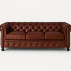 Soffa Chesterfield 3-sits i brunt Skinn + Fläckborttagare för möbler