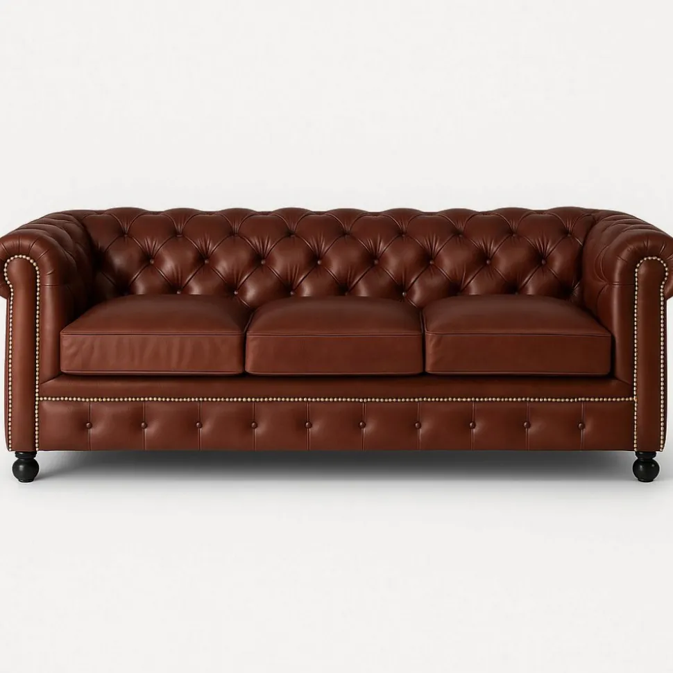 Soffa Chesterfield 3-sits i brunt Skinn