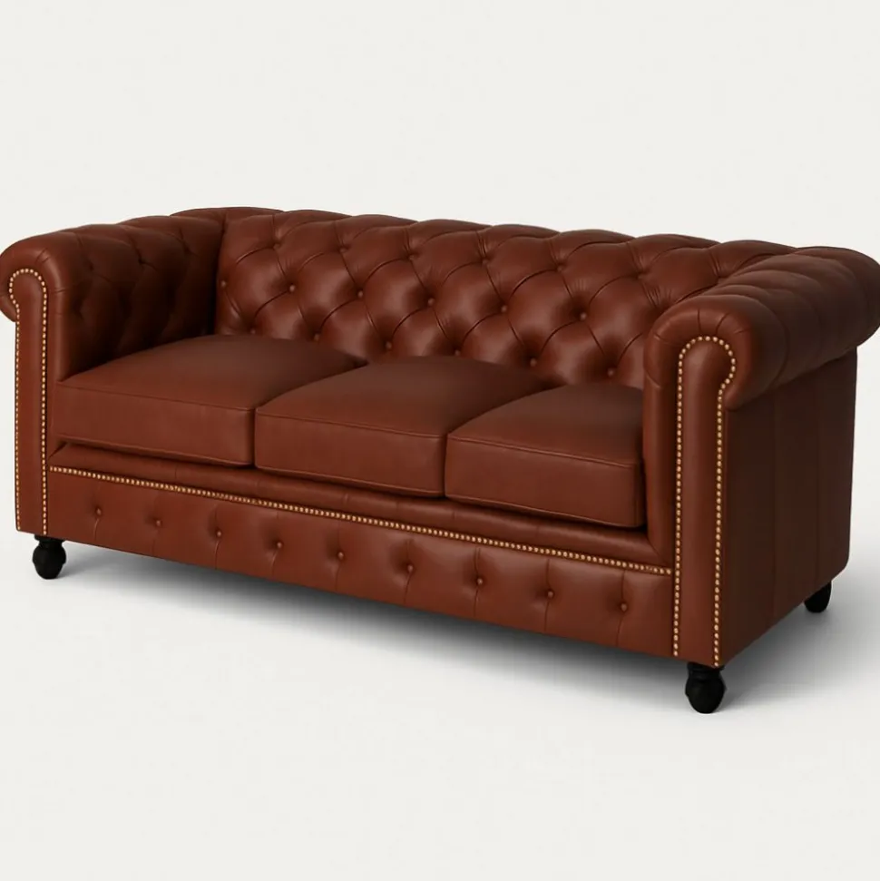 Soffa Chesterfield 3-sits i brunt Skinn
