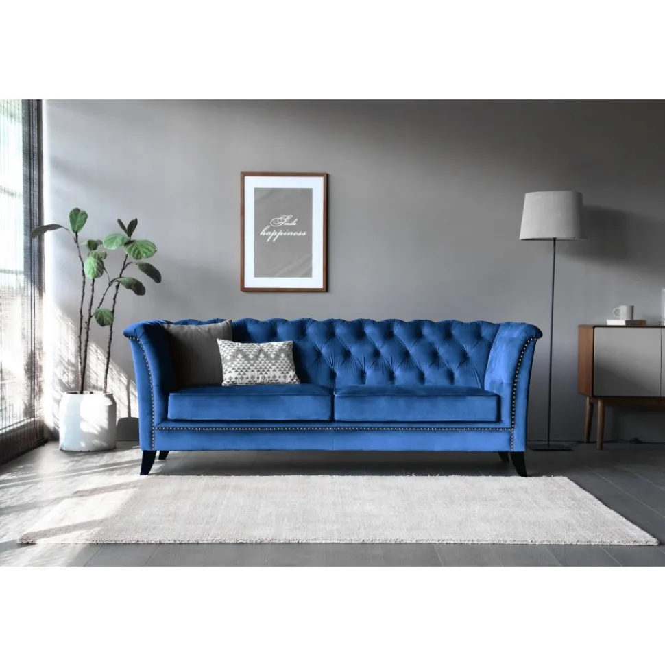 Soffa 3-sits Chesterfield Blå - Milton + Textilrengöring för möbler