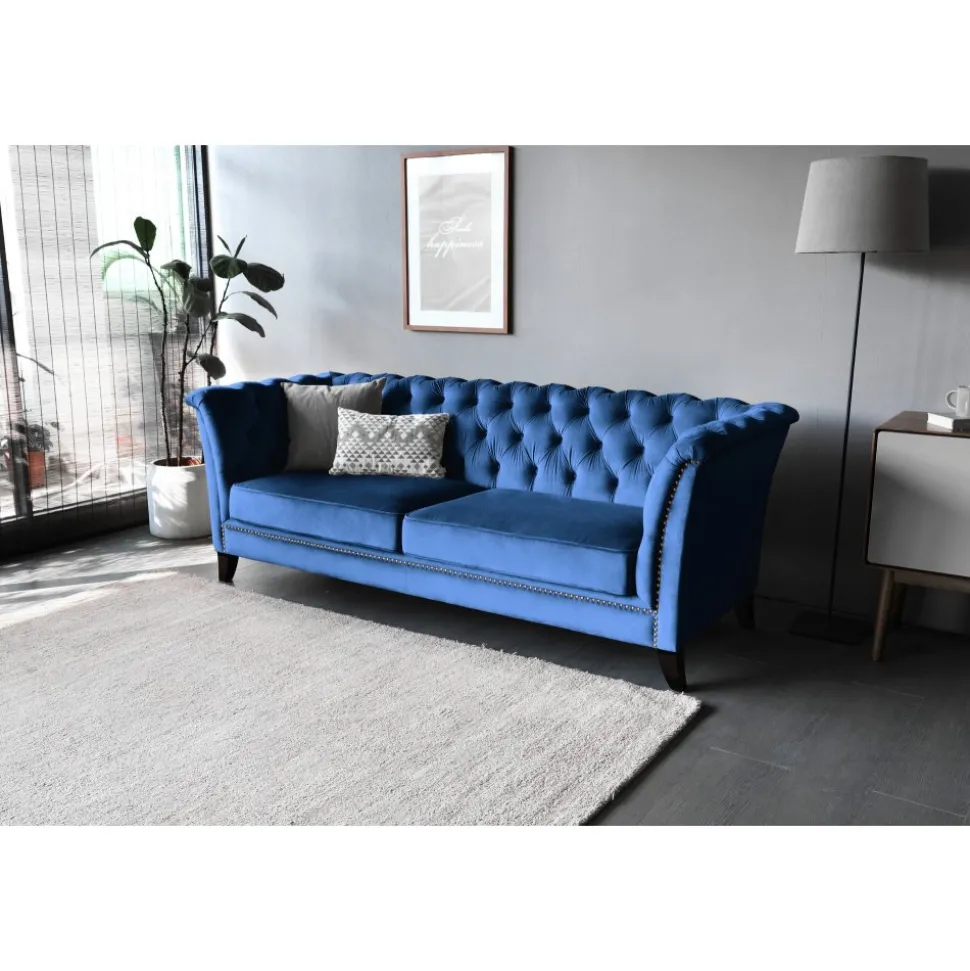 Soffa 3-sits Chesterfield Blå - Milton + Textilrengöring för möbler