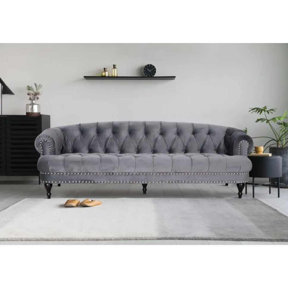 Soffa 3-sits chesterfield grå sammet