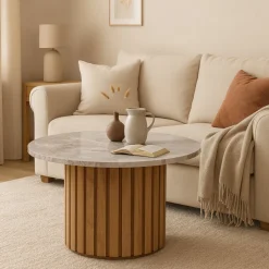 Soffbord i marmor Ø85 - Ek / gråbeige marmor