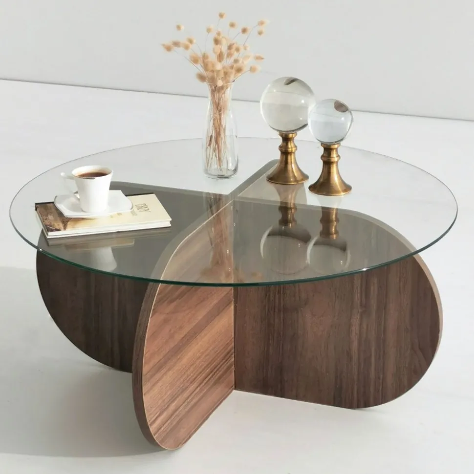 Soffbord i valnöt med glasskiva + Möbeltassar