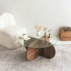 Soffbord i valnöt med glasskiva + Möbeltassar