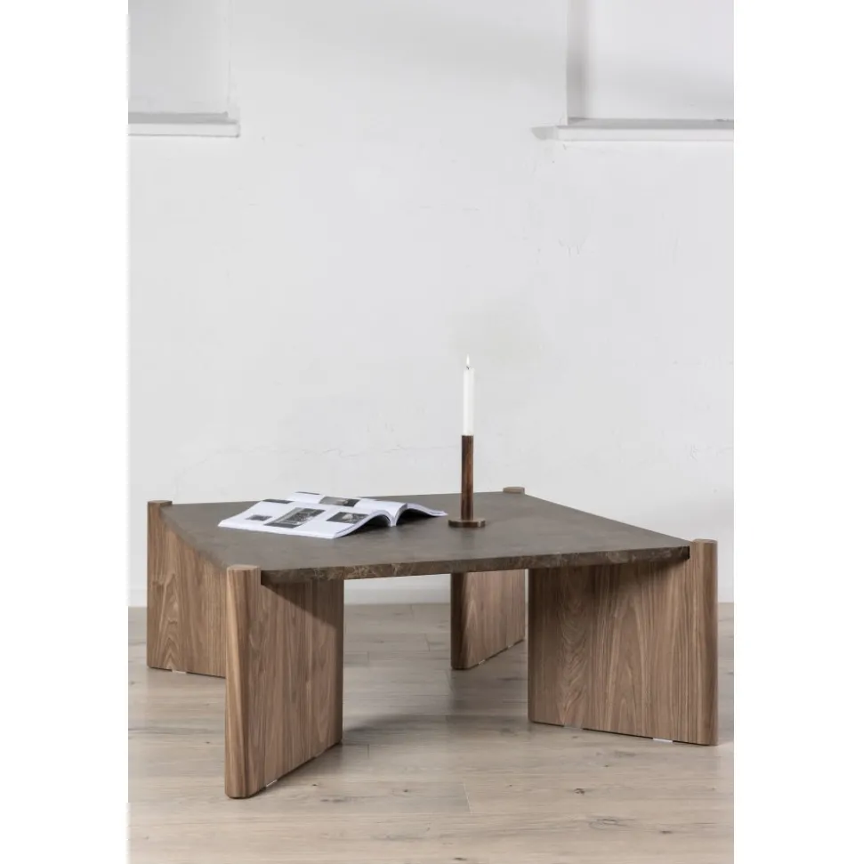 Soffbord Rogaland 100 x 100 cm - Brunt trä med brun marmor look