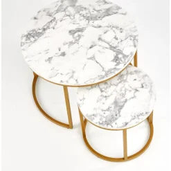 Soffbord set med 2 st Ø38/60 cm - Vit marmoreffekt/guld + Textilrengöring för möbler