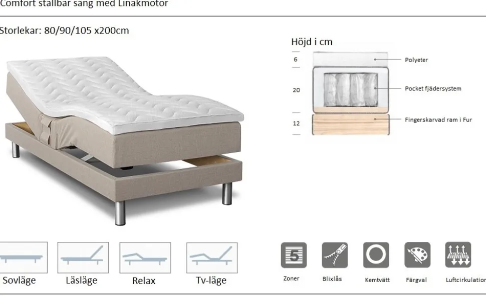 Ställbar säng svart 90x200 cm