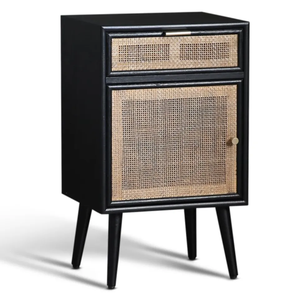 Stockholm svart sängbord med rotting + Möbeltassar