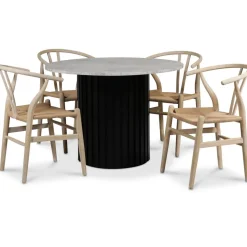 Sumo matgrupp Ø105 cm inkl. 4 st Brandon matstolar whitewash - Svartbets / Silver marmor