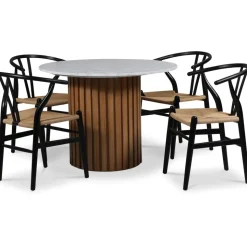 Sumo matgrupp Ø105 cm inkl. 4 st Brandon svarta matstolar - Oljad ek / Ljus marmor + 4.00 x Stolsdyna