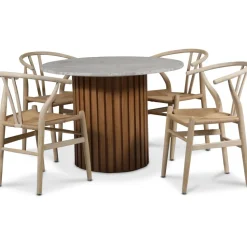 Sumo matgrupp Ø105 cm inkl. 4 st Brandon matstolar whitewash - Oljad ek / Silver marmor + 4.00 x Stolsdyna