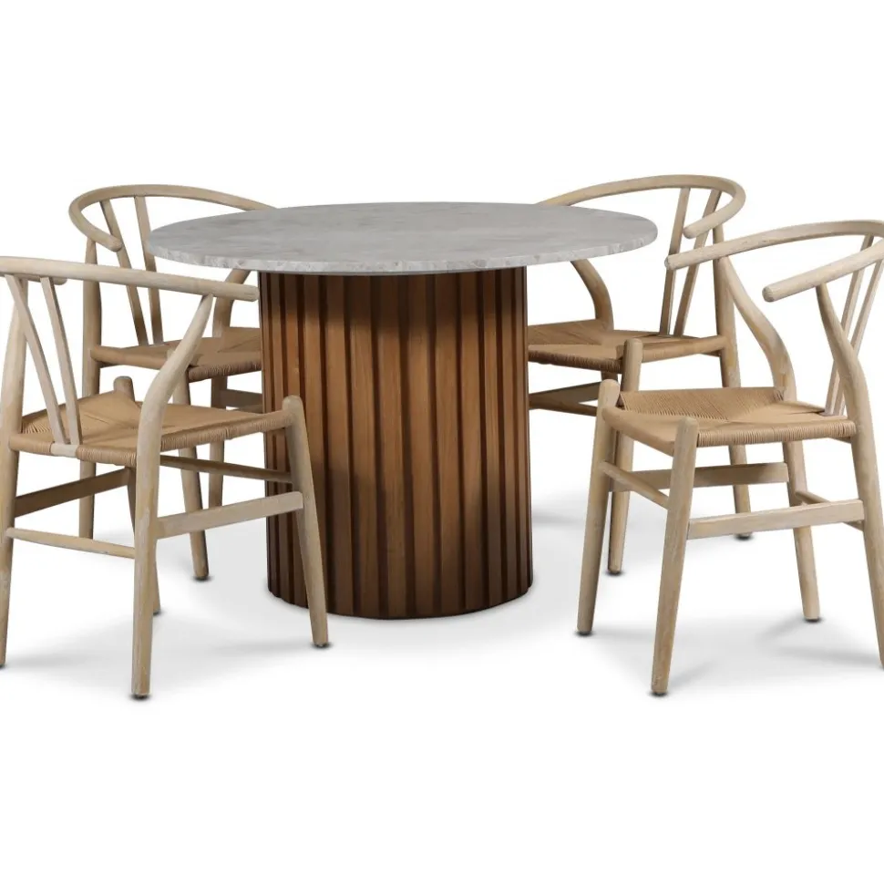 Sumo matgrupp Ø105 cm inkl. 4 st Brandon matstolar whitewash - Oljad ek / Silver marmor + 3.00 x Möbeltassar