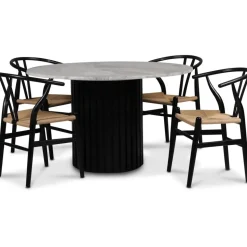 Sumo matgrupp Ø130cm inkl. 4 st Brandon svarta matstolar - Svartbets / Silver marmor + 3.00 x Möbeltassar