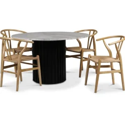 Sumo matgrupp Ø130cm inkl. 4 st Brandon matstolar - Svartbets / Silver marmor