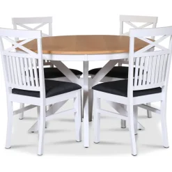 Tromsö matgrupp; runt matbord 120 cm - Vit / oljad ek med 4 st Skagen stolar med grå sits + 3.00 x Möbeltassar