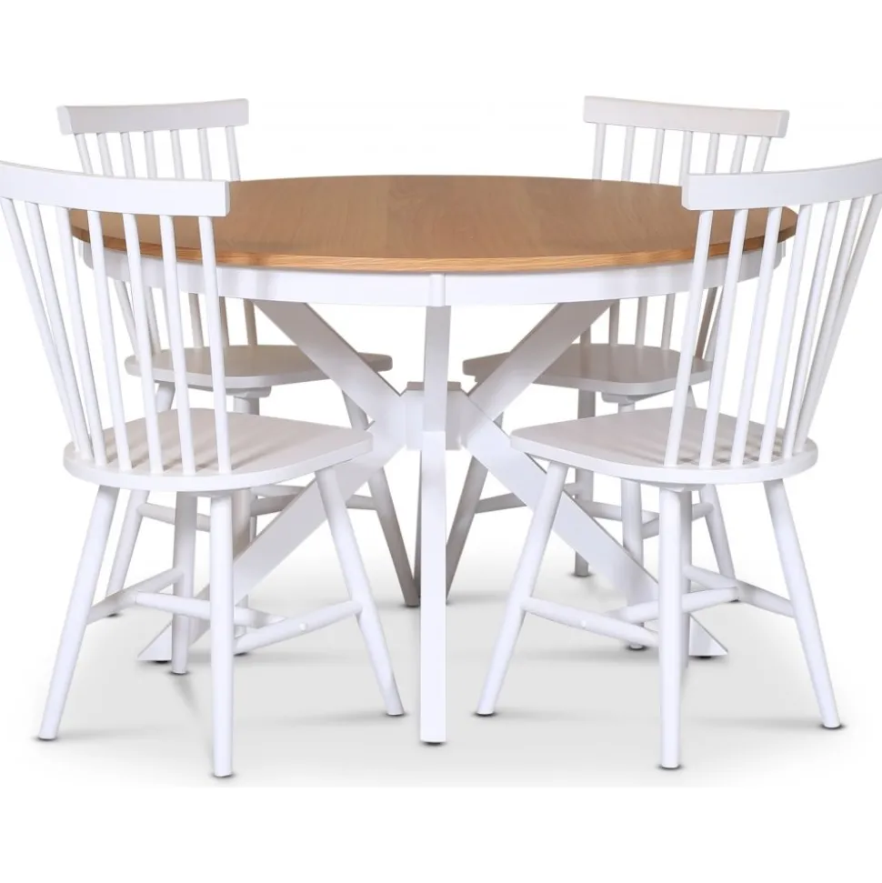 Tromsö matgrupp; runt matbord 120 cm - Vit / oljad ek med 4 st vita Karl pinnstolar + 4.00 x Stolsdyna