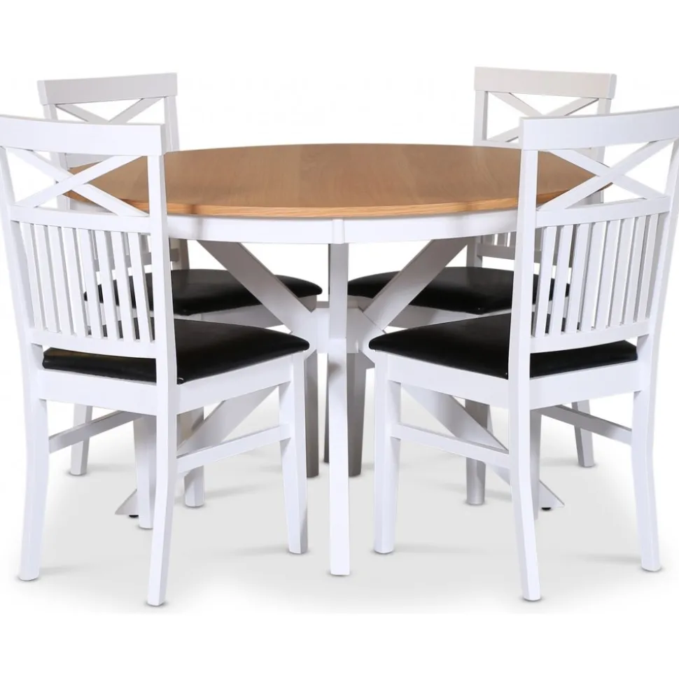 Tromsö matgrupp; runt matbord 120 cm - Vit / oljad ek med 4 st Fårö stolar med kryss i rygg, sits i svart PU + 4.00 x Stolsdyna