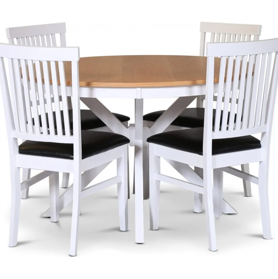 Tromsö matgrupp; runt matbord 120 cm - Vit / oljad ek med 4 st Fårö stolar med sits i svart PU
