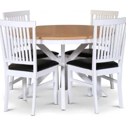 Tromsö matgrupp; runt matbord 120 cm - Vit / oljad ek med 4 st Fårö stolar med sits i svart PU + 4.00 x Stolsdyna