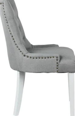 Tuva stol i grått tyg med vita ben + Möbeltassar