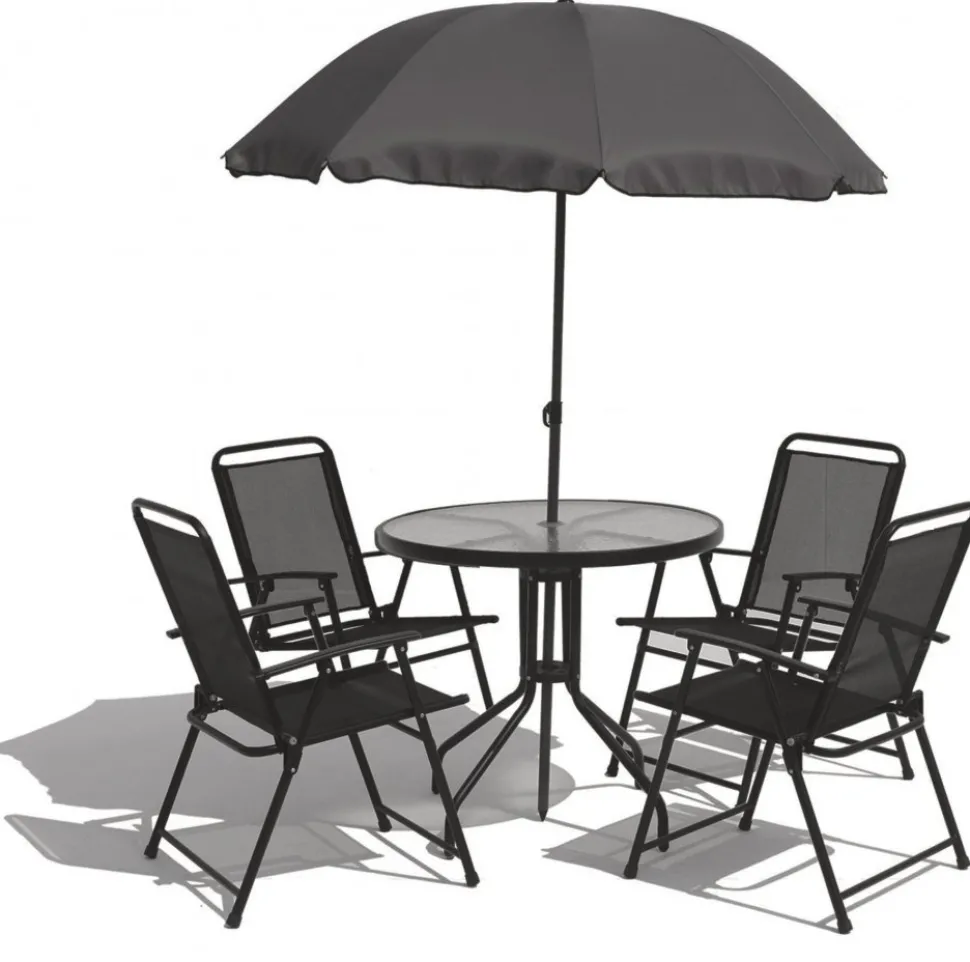 Utegrupp; bord + 4 stolar + parasoll + Textilskydd för utemöbler