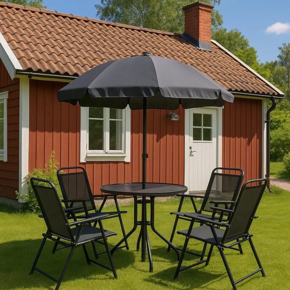 Utegrupp; bord + 4 stolar + parasoll + Textilskydd för utemöbler