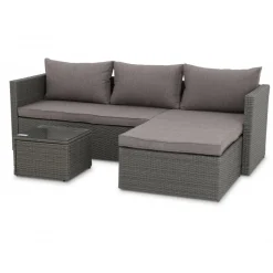 Utegrupp; divansoffa med bord i grå rotting + Möbeltassar